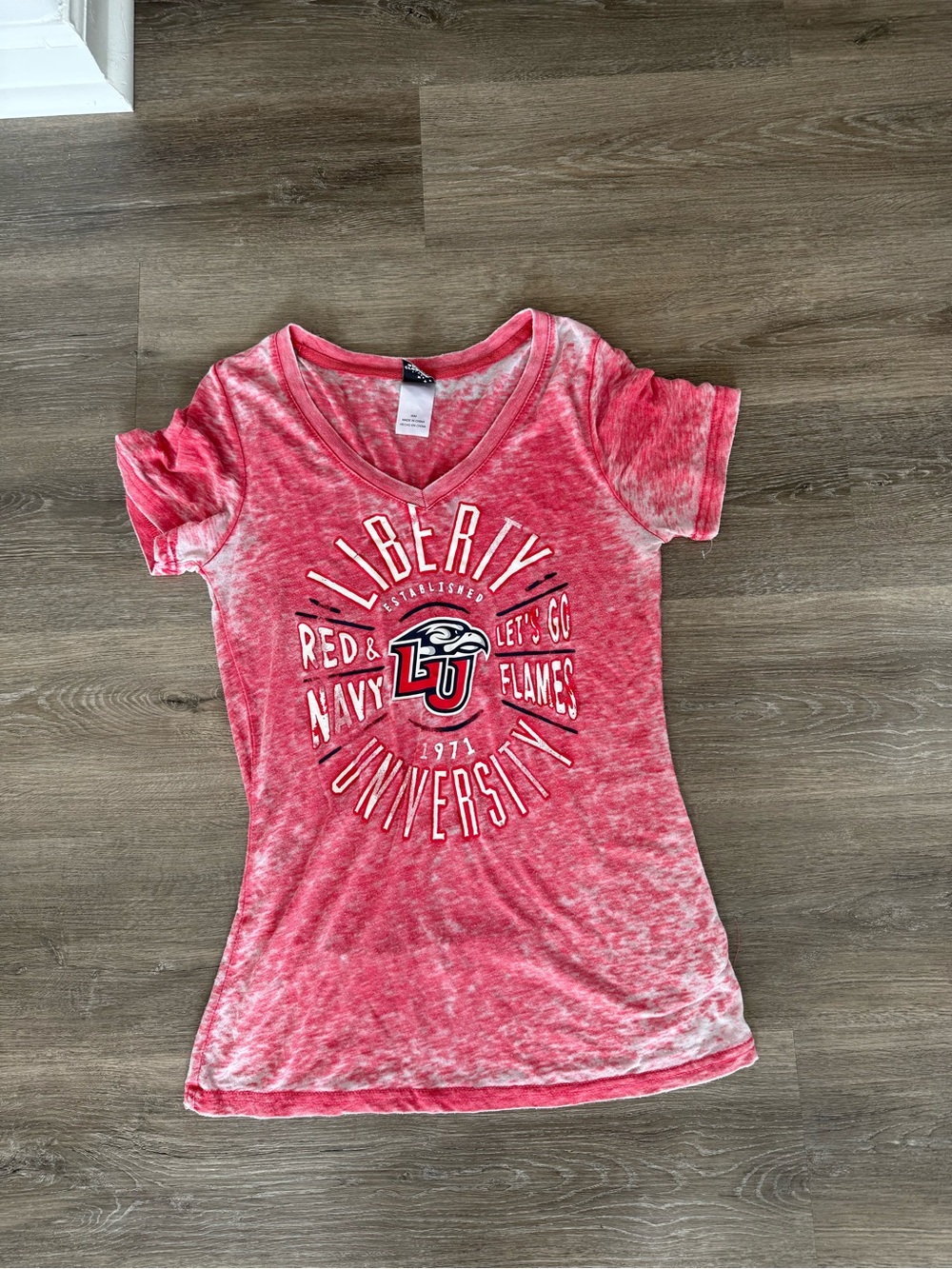 Liberty University Women's V-Neck Short Sleeve Tee in Red Burnout